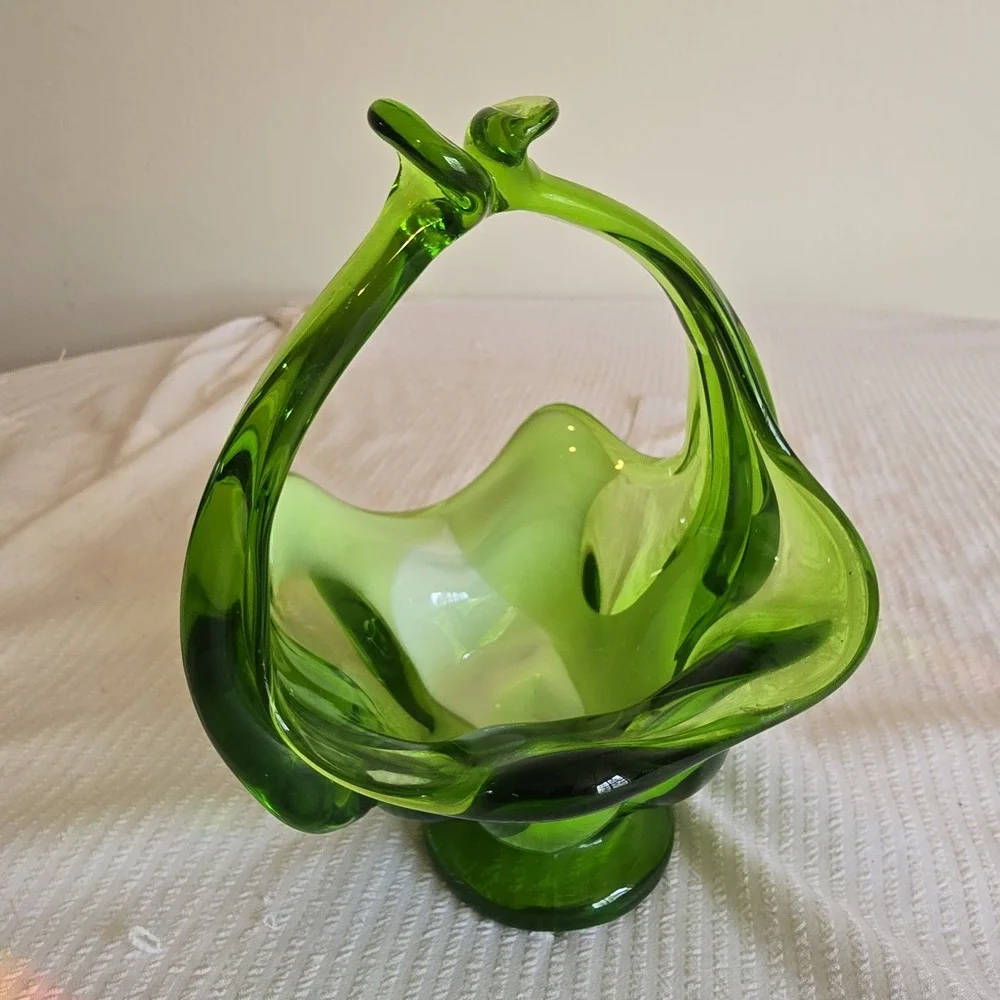 MCM 1960 Emerald Green and White Handblown Glass Basket Candy Dish Bohemian Form